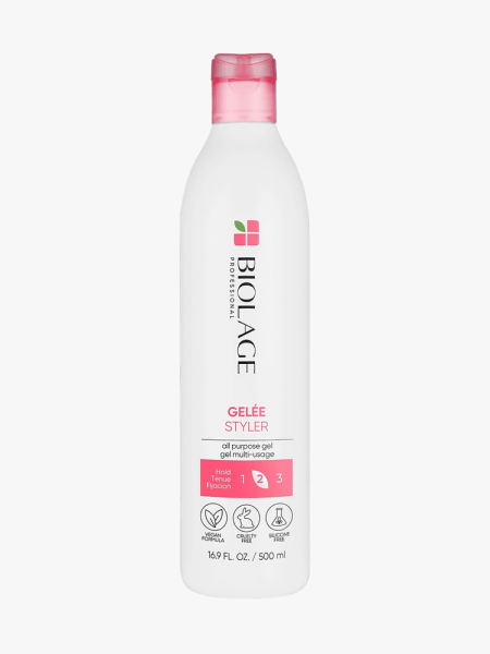 Biolage Styling Gelée in branded white bottle with pink cap on light gray background